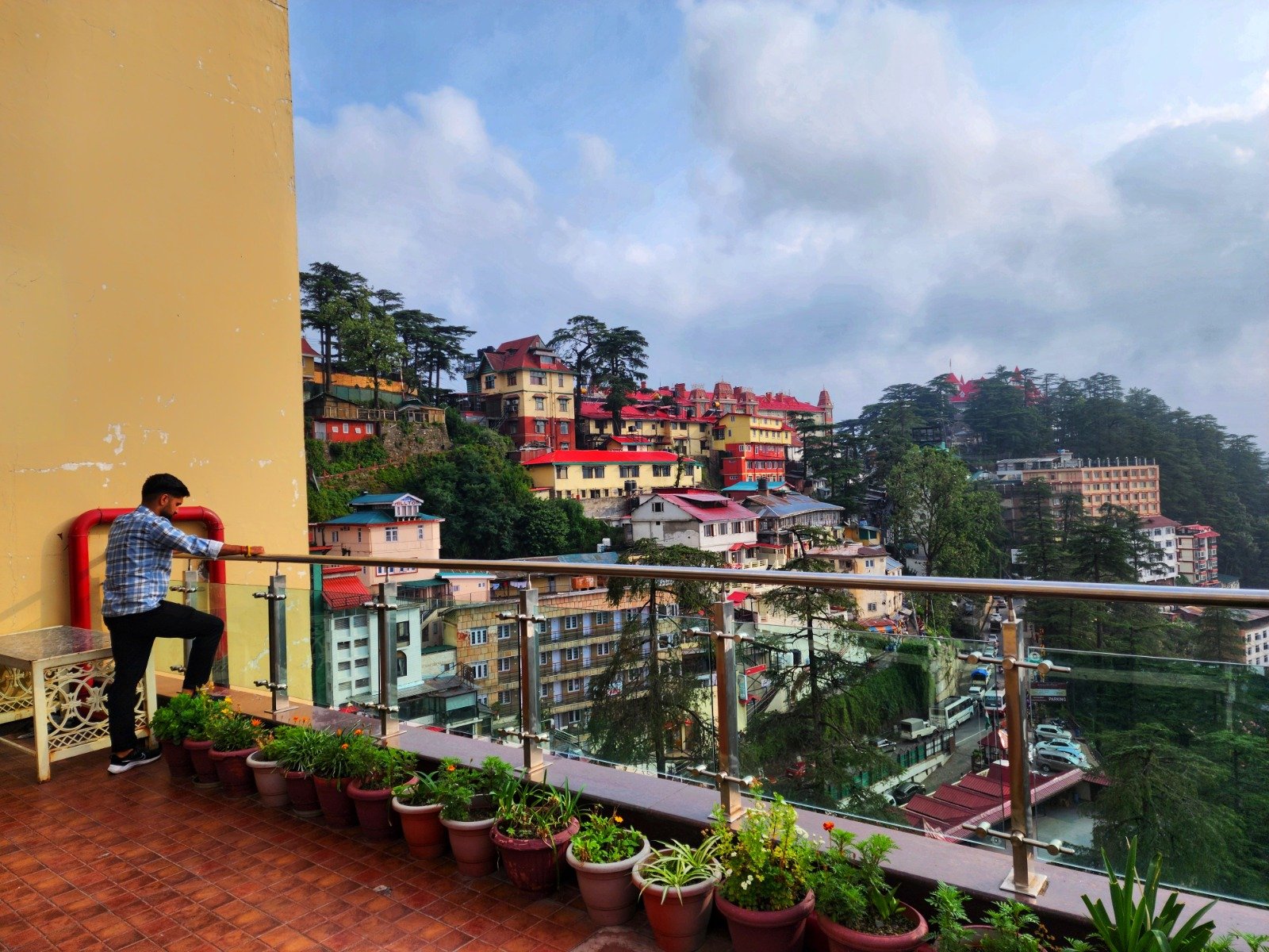 Rooftop dining area at Hotel Surya in Shimla
