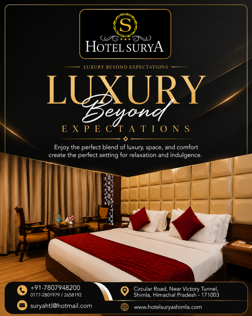 Luxury room at Hotel Surya Shimla featuring a king-size bed, elegant wooden interiors, upholstered headboard, red accents, seating area and modern amenities