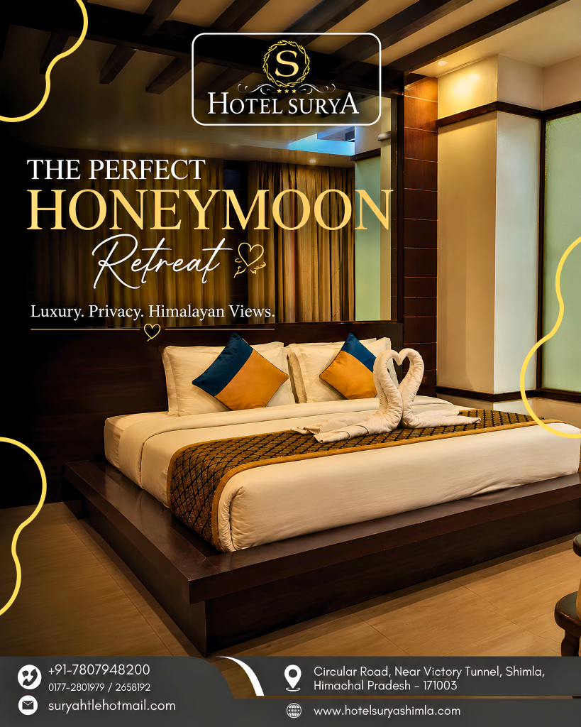 Honeymoon Suite at Hotel Surya Shimla featuring a king-size bed, elegant interiors and romantic décor