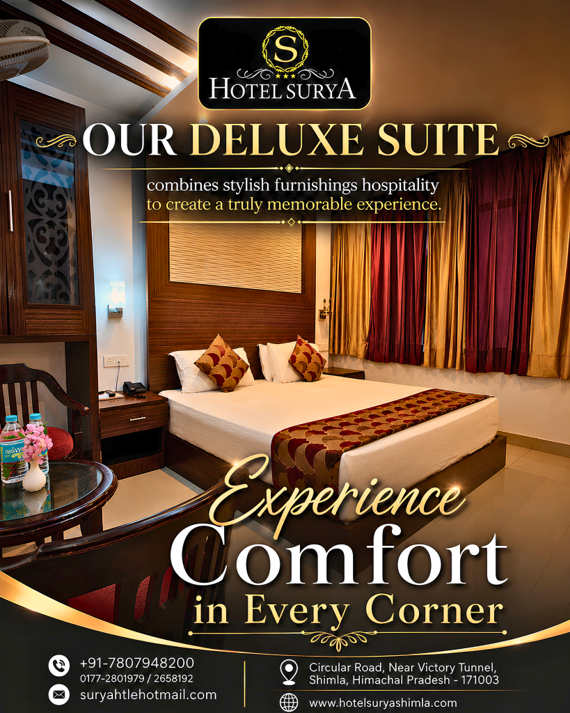 Deluxe Suite at Hotel Surya Shimla with king-size bed, elegant interiors and comfortable furnishings