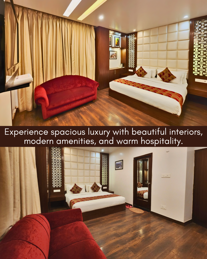King’s Family Suite Spacious King’s Family Suite featuring a king-size bed, red sofa, elegant interiors and modern amenities