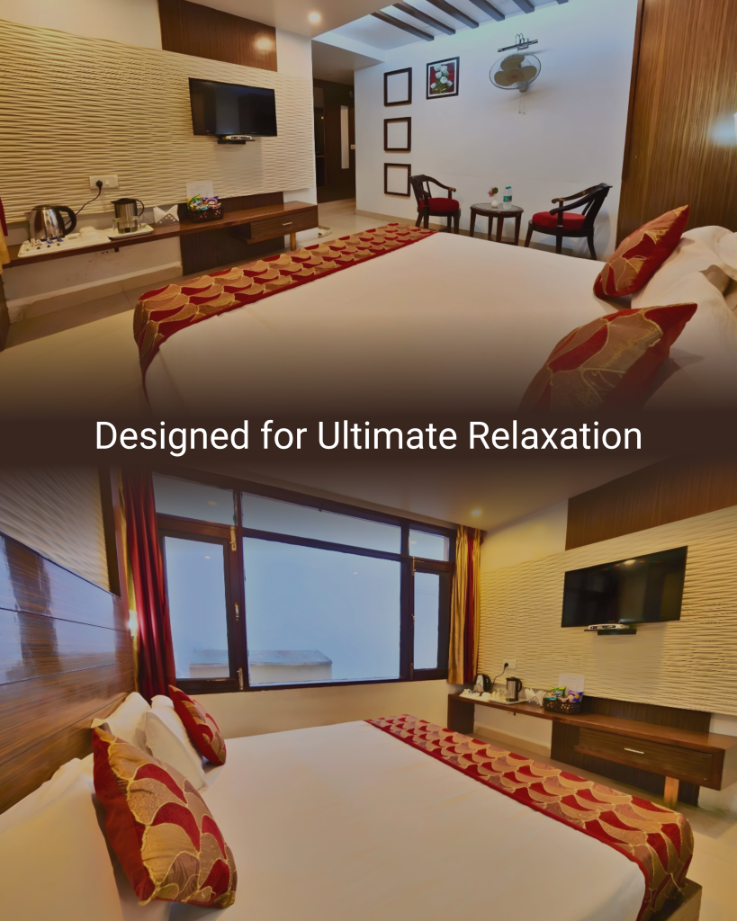 Hotel Surya Shimla Deluxe Suite bedroom with king-size bed, television and comfortable seating area