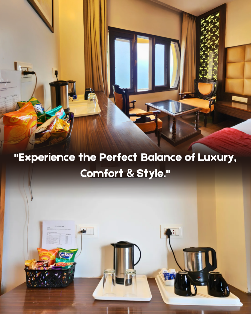 Luxury hotel room seating area with wooden furniture, comfortable chairs, center table, window and tea and coffee facilities at Hotel Surya Shimla
