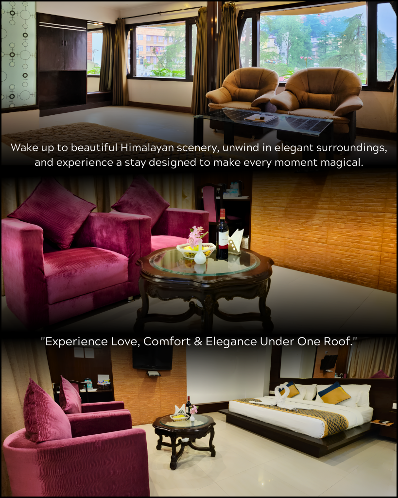 Honeymoon Suite seating area with comfortable chairs, large windows and Himalayan scenery at Hotel Surya Shimla