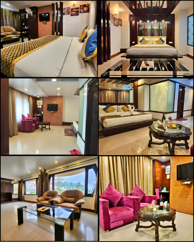 Hotel Surya Shimla Honeymoon Suite interior with king bed, seating area, TV and elegant room décor