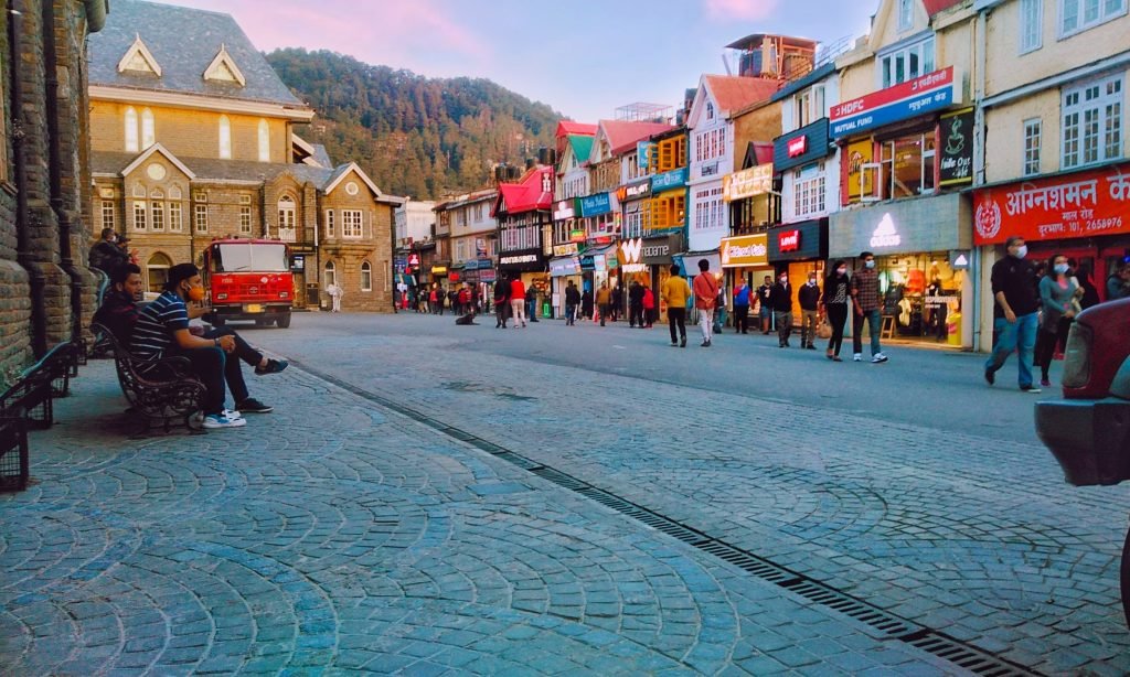 Mall Road Shimla lined with shops and colonial-style buildings in the heart of Shimla