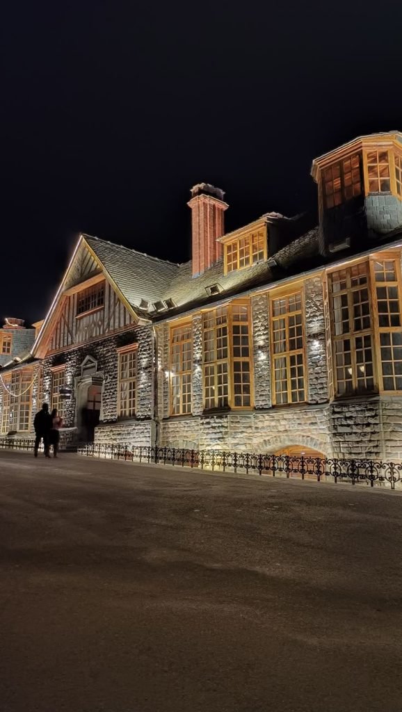 Historic colonial building in Shimla illuminated at night