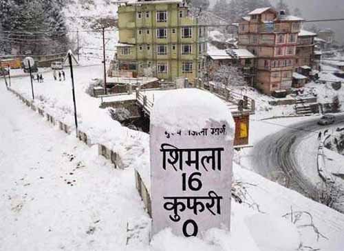 Elementor #4545 Snow-covered Kufri Shimla road with Kufri and Shimla direction sign during winter